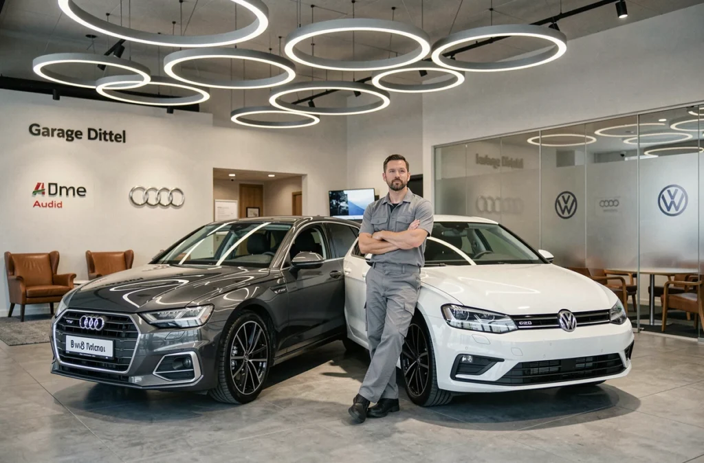 Showroom du Garage Dittel à Colmar avec une Audi et une Volkswagen exposées côte à côte