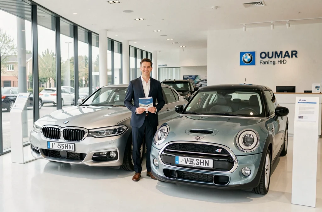 Intérieur du showroom BMW et Mini Hess Automobile à Colmar avec véhicules exposés et conseiller commercial