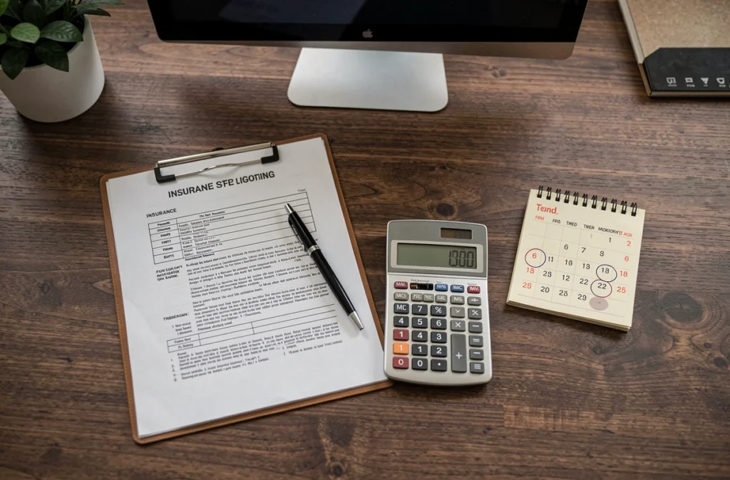 Vue aérienne d'un bureau avec dossier d'assurance, calculatrice et calendrier illustrant le calcul de la perte de bonus après une interruption d'assurance