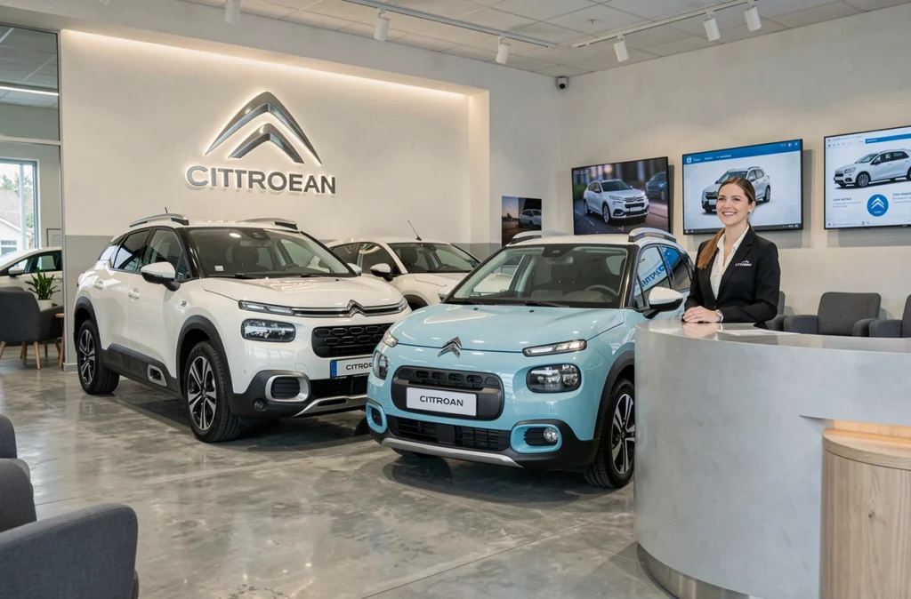 Intérieur du showroom Citroën Car Avenue à Colmar avec véhicules exposés et réceptionniste accueillante
