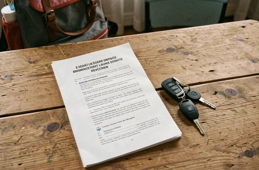 Code de la route français et clés de voiture sur une table en bois avec un sac scolaire en arrière-plan, symbolisant la réglementation sur la conduite des mineurs sans permis