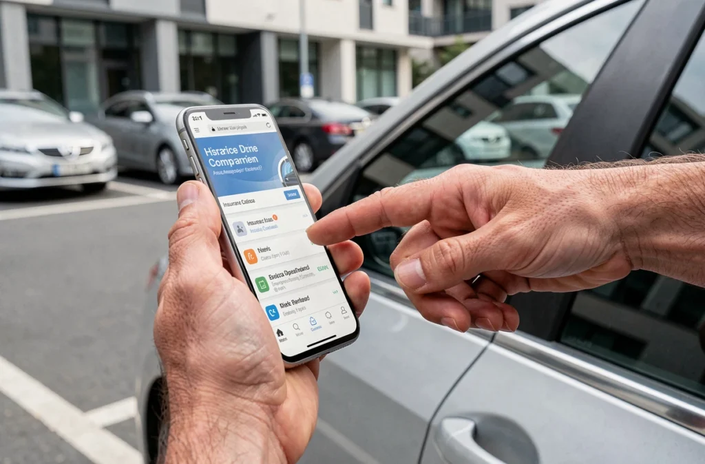Comparaison d'assurances automobile sur smartphone devant une voiture garée en ville