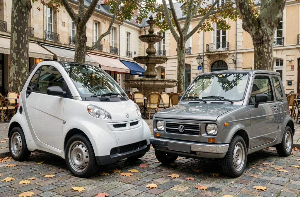 Deux voitures sans permis côte à côte sur une place de Bourgoin-Jallieu en automne