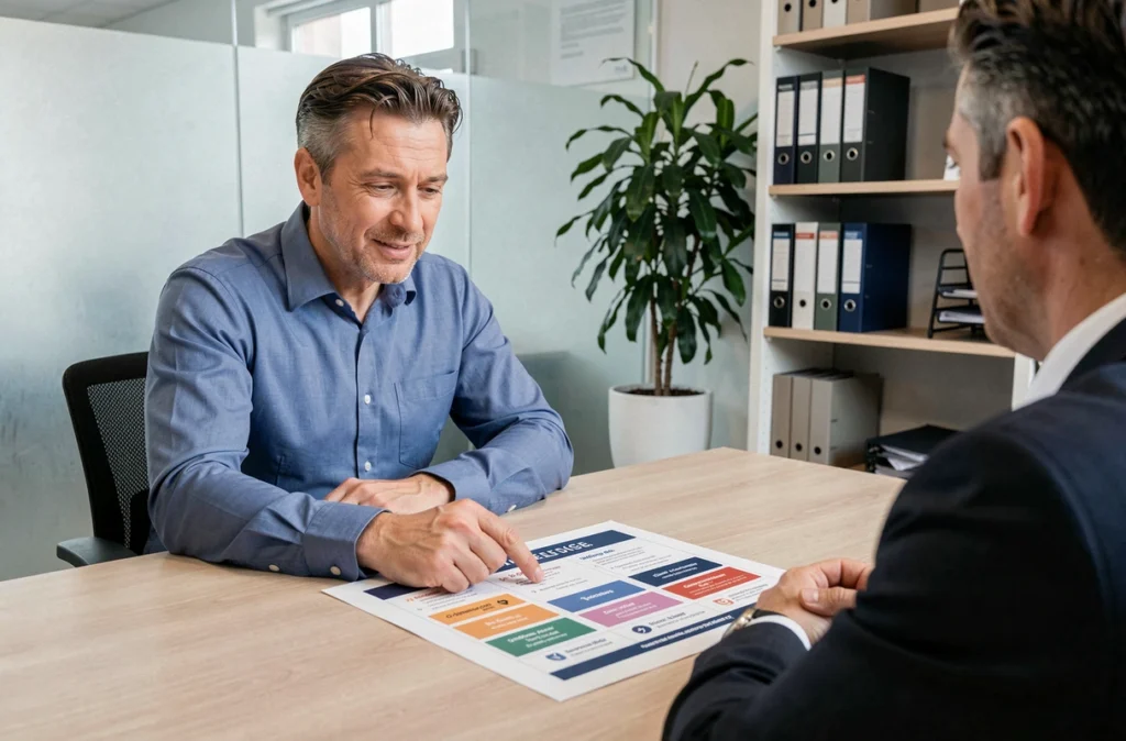 Conseiller en assurance moto expliquant les différentes formules à un client dans une agence professionnelle