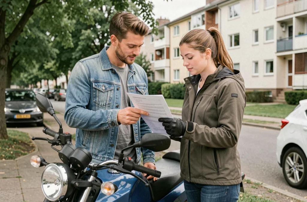 Deux personnes en tenue de moto analysant un contrat d'assurance moto 125 ensemble