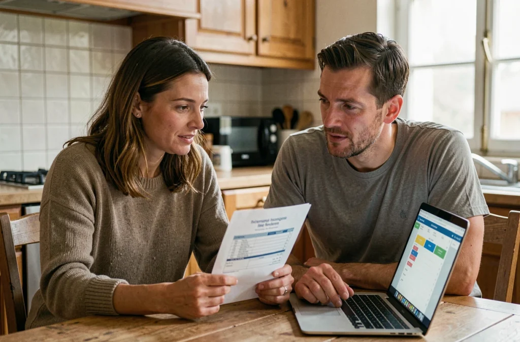 Un couple étudie un devis d'assurance auto à la maison