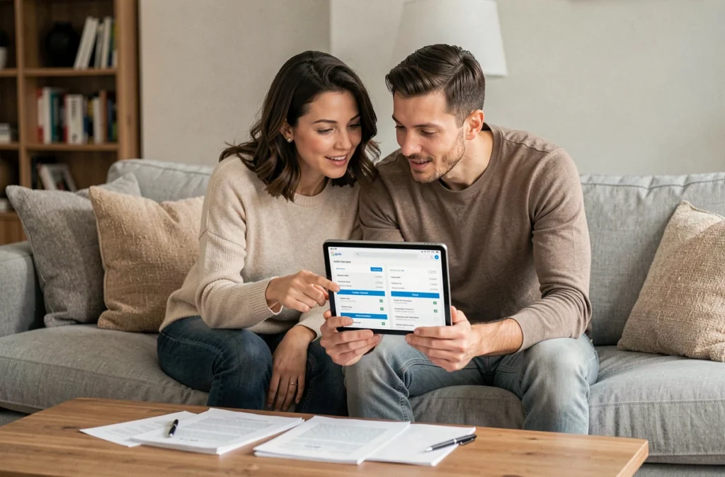 Couple comparant des devis assurance auto sur une tablette dans un salon moderne