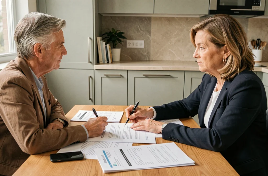 Couple signant un nouveau contrat d'assurance voiture avec une conseillère