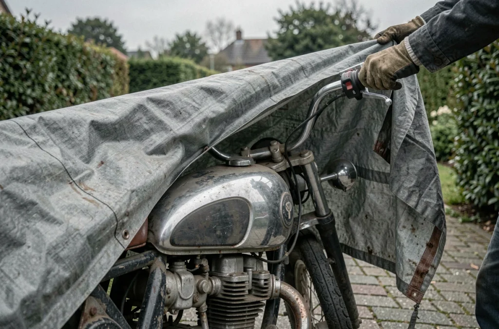 Moto ancienne recouverte d'une bâche poussiéreuse en train d'être découverte dans une allée, symbolisant la reprise d'une moto après plusieurs années d'arrêt