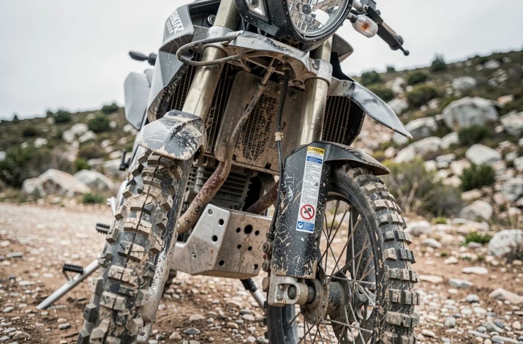 Gros plan sur le pneu et la fourche d'une moto tout-terrain avec vignette d'assurance collée sur le cadre
