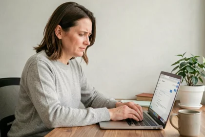 Femme obtenant un devis assurance auto en ligne sur un ordinateur portable dans un bureau à domicile