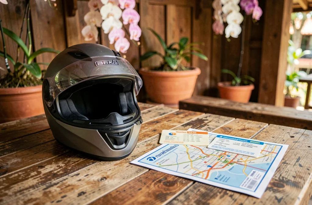 Documents d'assurance scooter, casque et permis de conduire posés sur une table en bois en Thaïlande