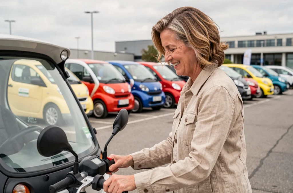 Femme d'une cinquantaine d'années inspectant une voiture sans permis chez un concessionnaire à Lyon