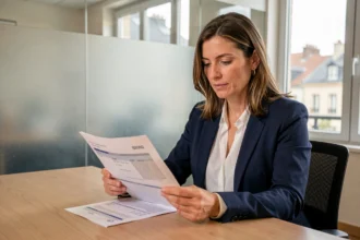 Une femme consulte des documents d'assurance auto dans une agence à Troyes