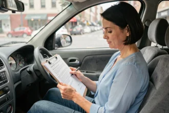 Femme consultant des documents d'assurance à l'intérieur d'une voiture sans permis en ville