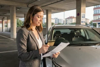 Femme tenant une carte gold devant une voiture de location, illustration de l'assurance incluse avec carte bancaire premium
