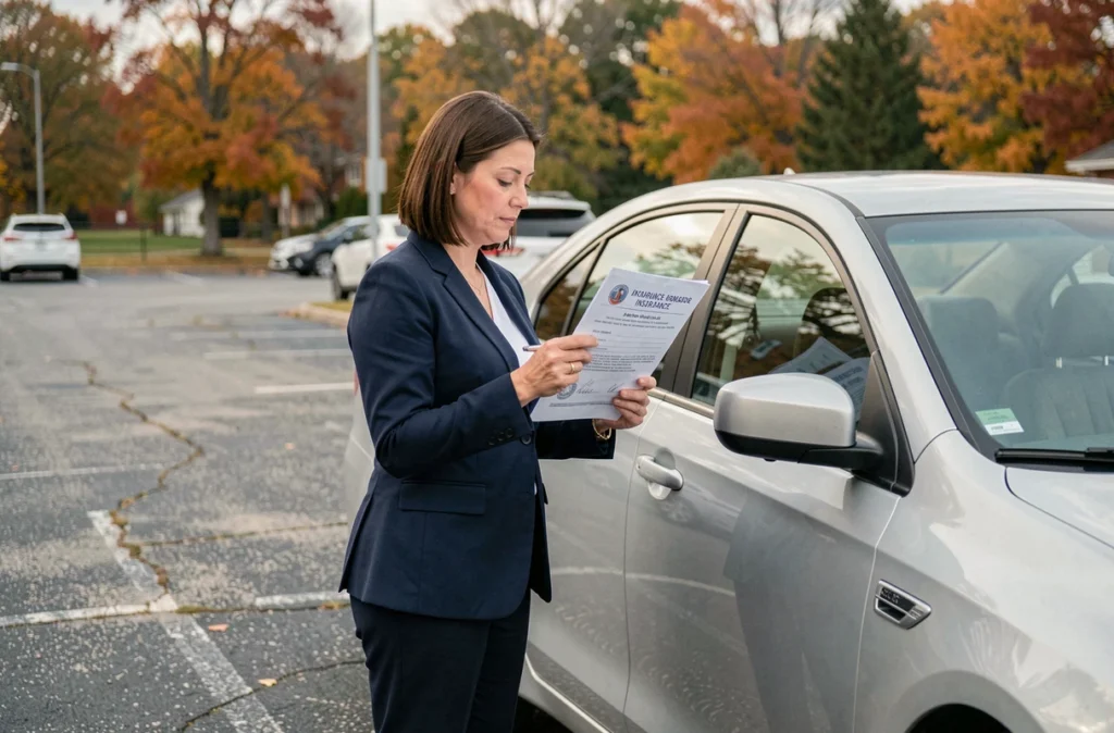 Femme tenant un certificat d'assurance auto près de sa voiture dans un parking, symbolisant la gestion du bonus après une période sans assurance
