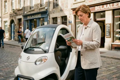 Femme examinant une voiture sans permis blanche dans une rue de Thionville, tenant un catalogue de modèles