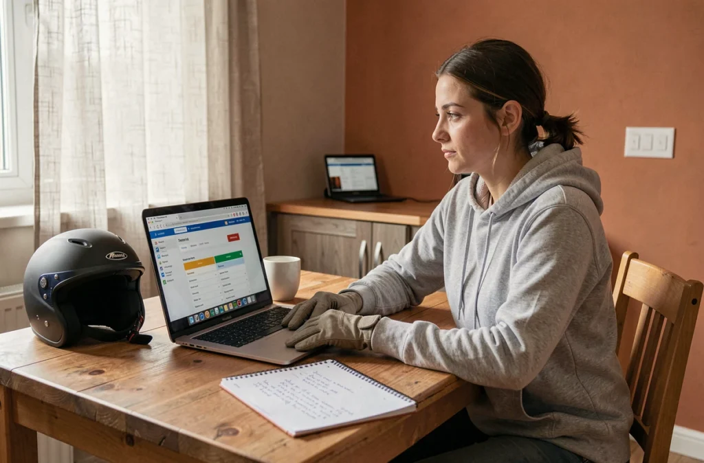 Femme comparant des offres d'assurance moto 125 sur un ordinateur portable à la maison