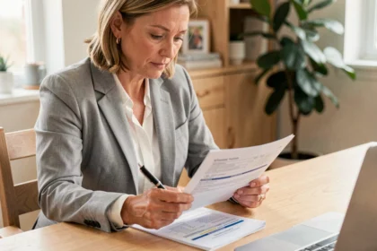 Femme comparant des contrats d'assurance voiture à son bureau à domicile
