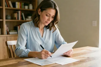 Femme consultant des documents d'assurance automobile à table pour changer de contrat
