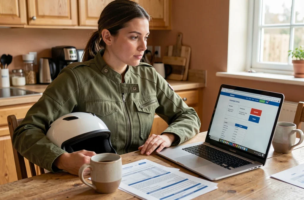 Femme motarde comparant des formules d'assurance moto sur un ordinateur portable à la maison