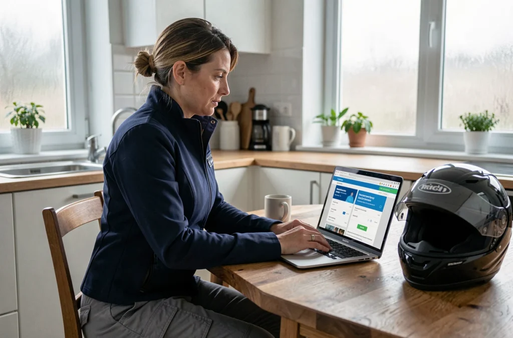Femme motarde comparant des offres d'assurance moto sur ordinateur portable avec son casque posé sur la table, démarche de reprise après arrêt