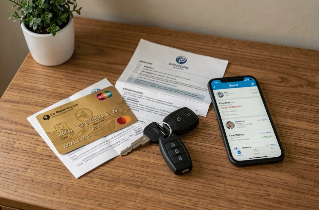Vue de dessus d'une carte gold, clés de voiture et documents d'assurance location sur un bureau, concept couverture assurance auto