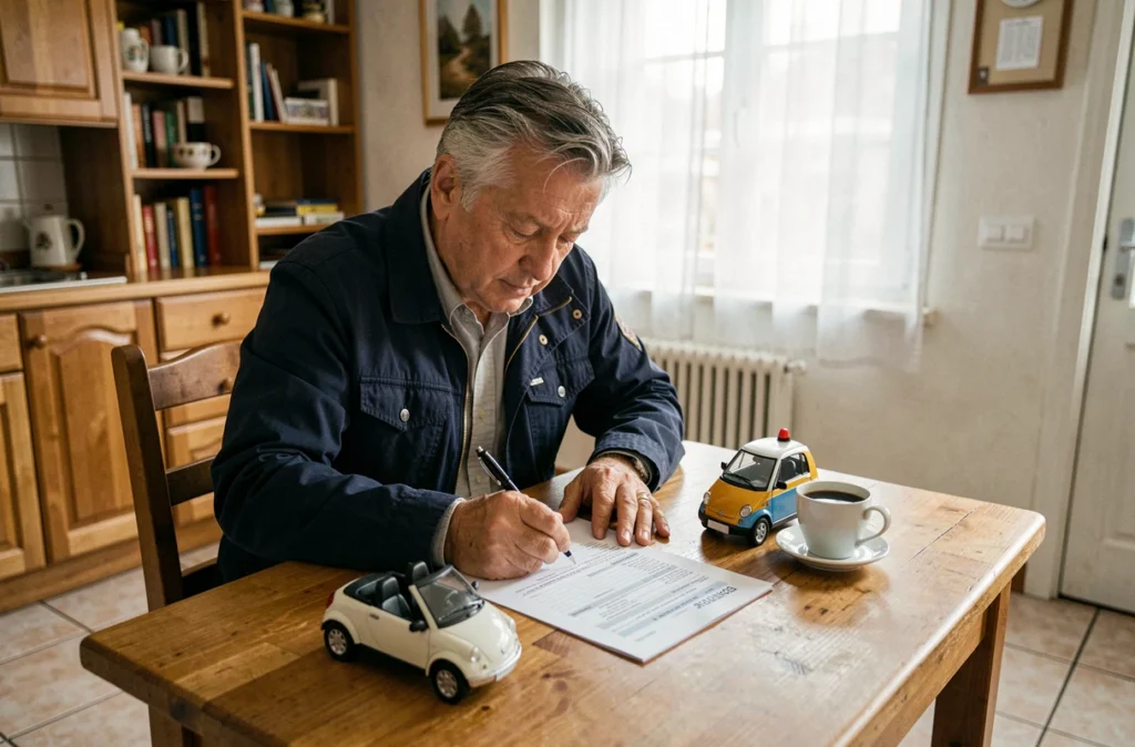 Homme remplissant un formulaire d'assurance voiture sans permis à domicile