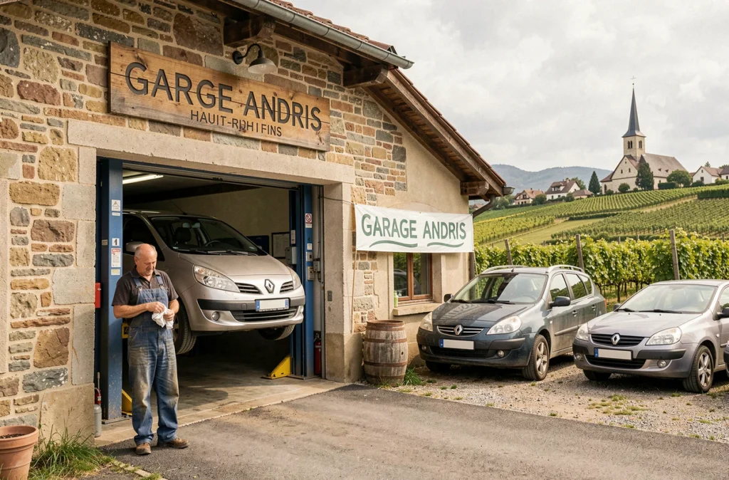 Façade du Garage Andris dans le Haut-Rhin avec mécanicien devant l'atelier et paysage alsacien en arrière-plan