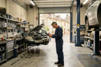 Vue intérieure d'un garage automobile professionnel en Bourgogne-Franche-Comté avec mécanicien au travail