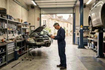 Vue intérieure d'un garage automobile professionnel en Bourgogne-Franche-Comté avec mécanicien au travail