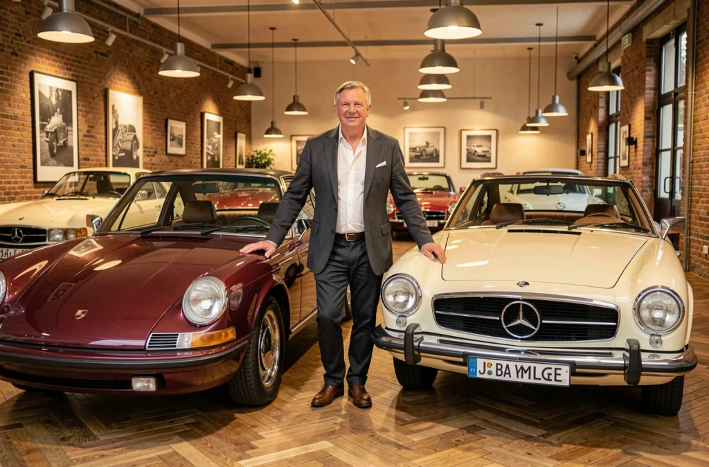 Intérieur du Garage Millésime à Mulhouse avec collection de véhicules de prestige vintage exposés