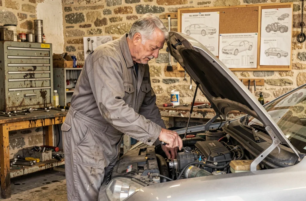 Pascal Tavoillot effectuant de la mécanique générale dans son garage artisanal en Saône-et-Loire