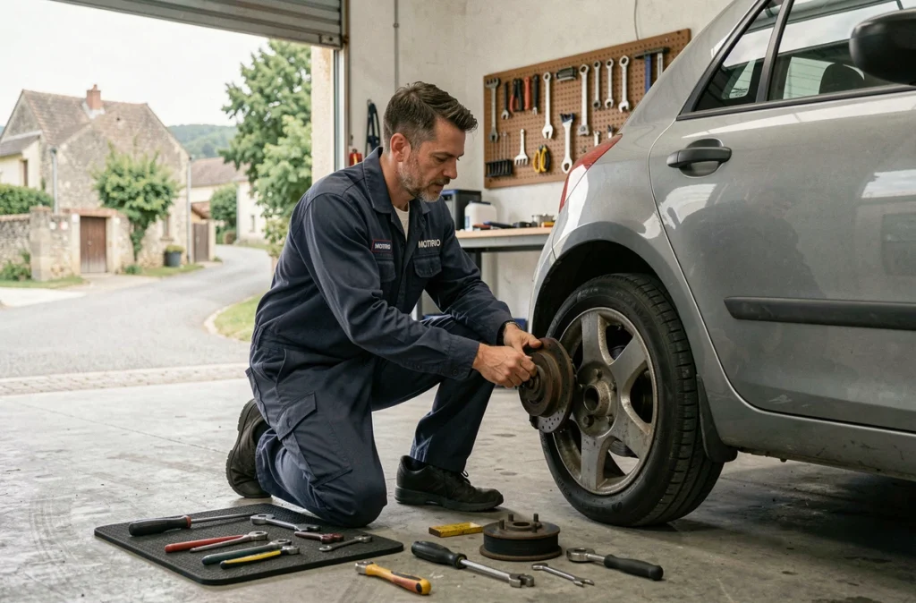 Technicien Motrio de Geoffroy Auto inspectant un véhicule dans son garage à Cuisery