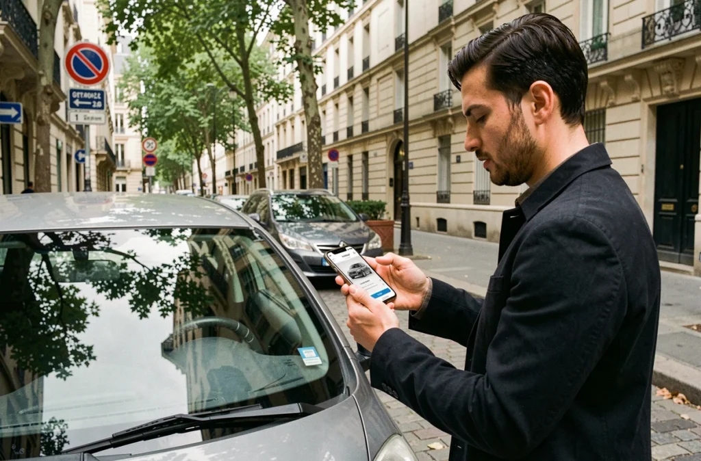 Un utilisateur déverrouille une voiture Getaround avec son smartphone dans une rue résidentielle parisienne