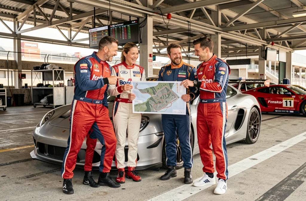 Groupe de participants en combinaison de pilotage discutant d'une carte de circuit dans les stands