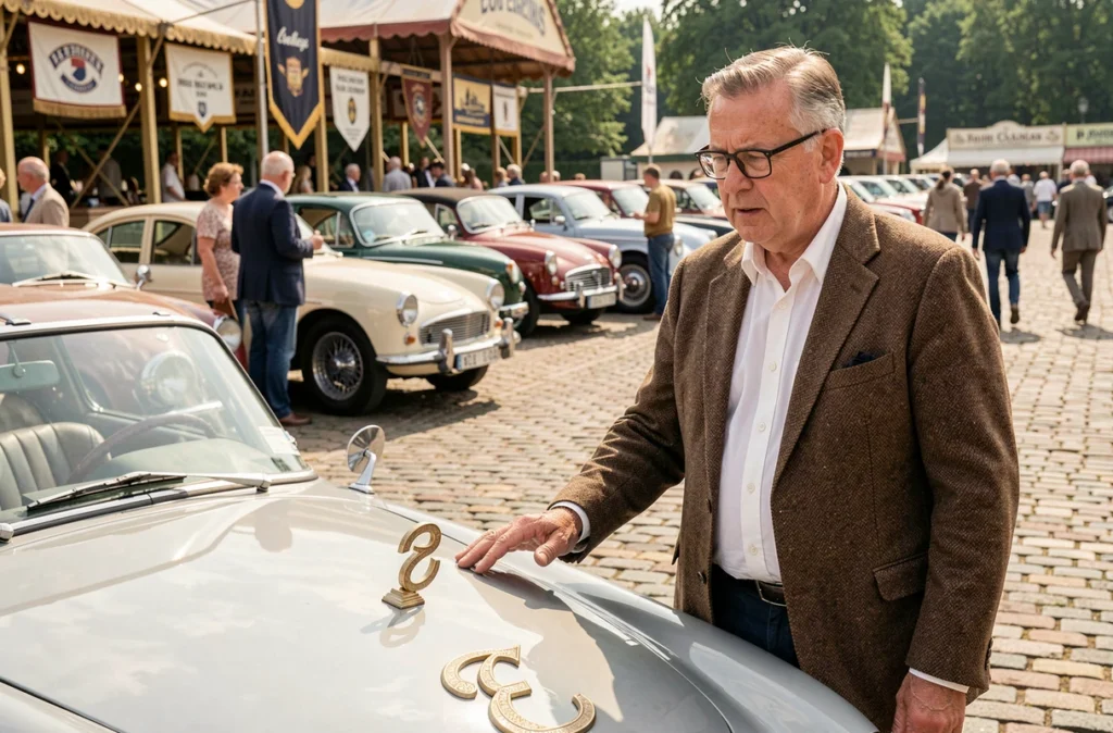 Historien automobile passionné présentant une voiture de collection lors d'une exposition de véhicules anciens, emblème d'une marque disparue commençant par E