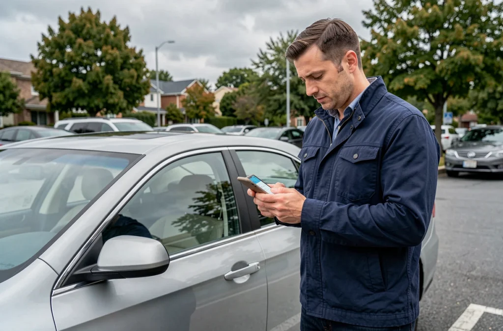 Homme utilisant une application mobile pour changer d'assurance auto près de sa voiture