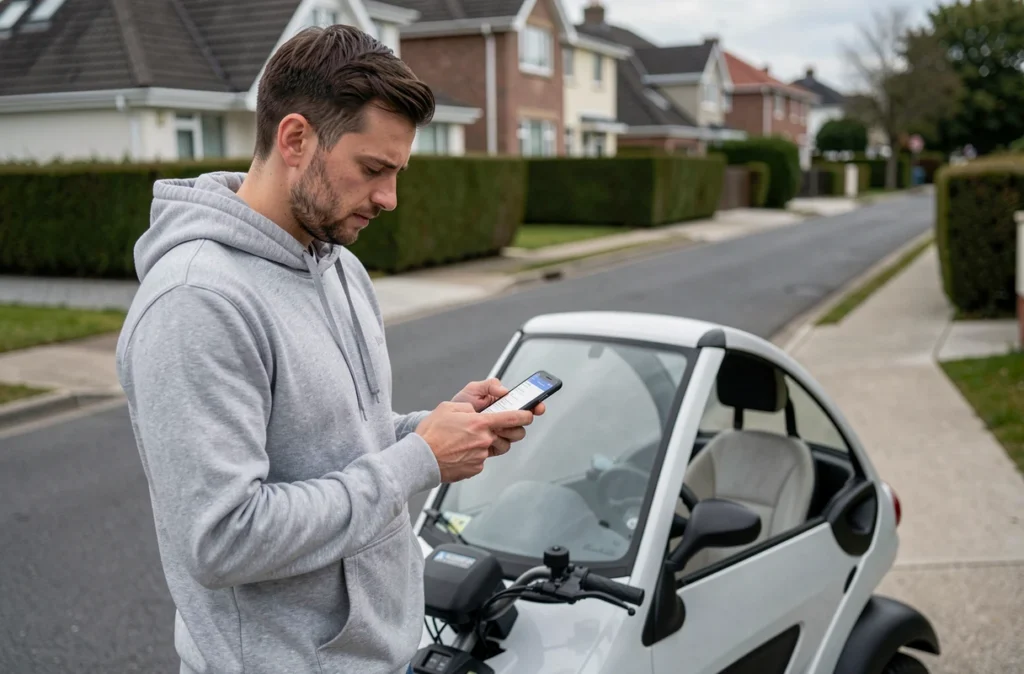 Homme comparant des offres d'assurance pour voiture sans permis sur smartphone