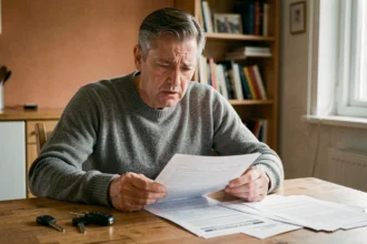 Homme inquiet qui examine des documents d'assurance auto sur une table, illustrant la question du bonus malus en cas d'interruption d'assurance