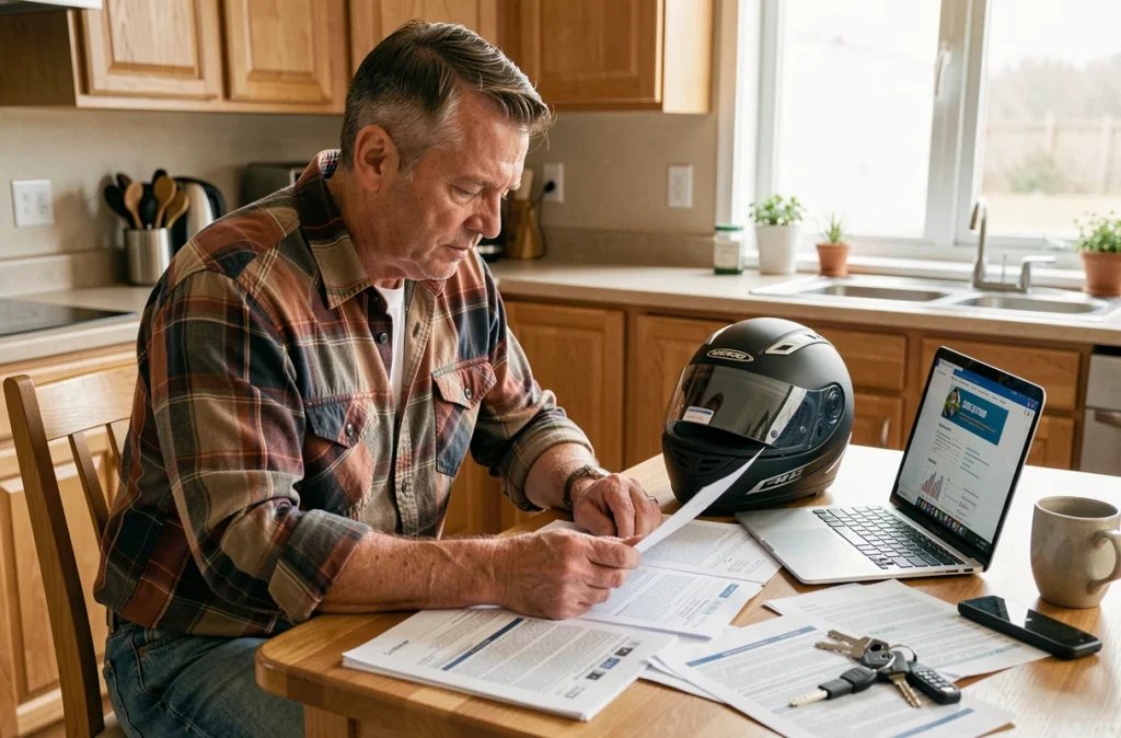 Homme consultant des documents d'assurance moto à domicile avec un casque posé sur la table, concept de souscription assurance garage mort