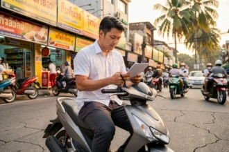 Homme consultant son téléphone assis sur un scooter en Thaïlande avant de vérifier son assurance