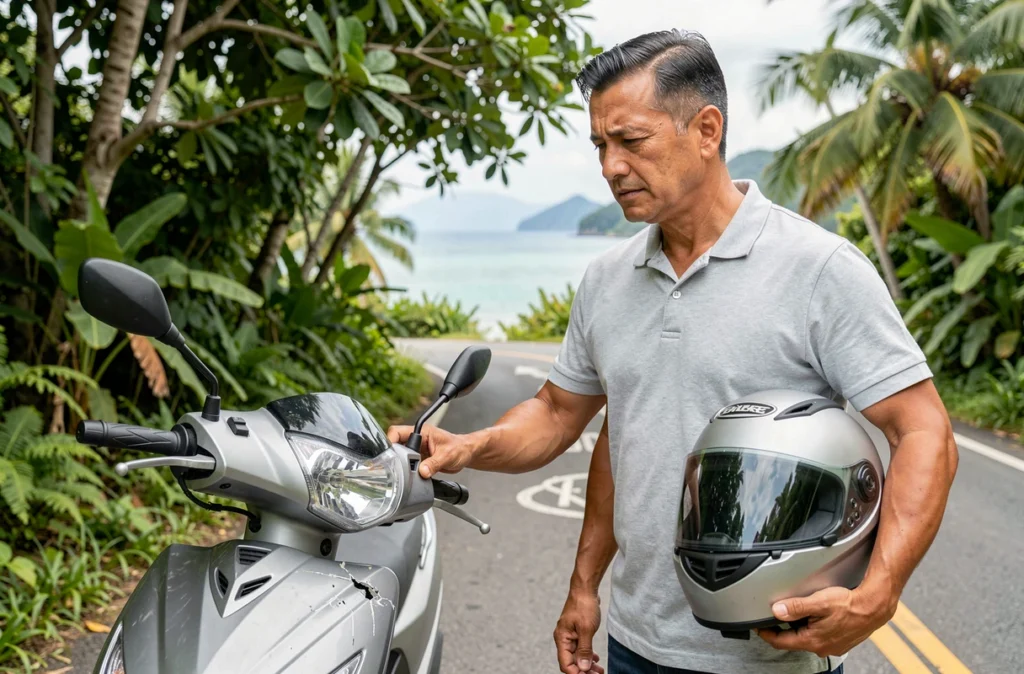 Homme inspectant les dégâts sur un scooter loué en Thaïlande au bord d'une route côtière