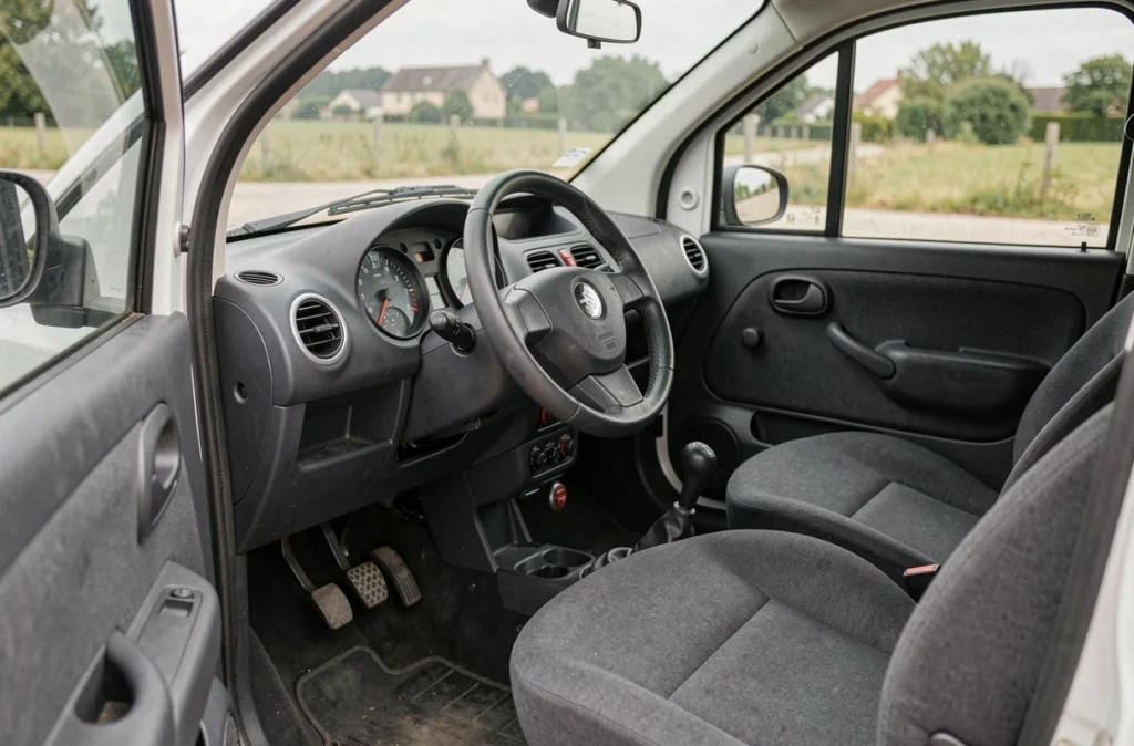Intérieur d'une voiture sans permis d'occasion avec tableau de bord et siège conducteur