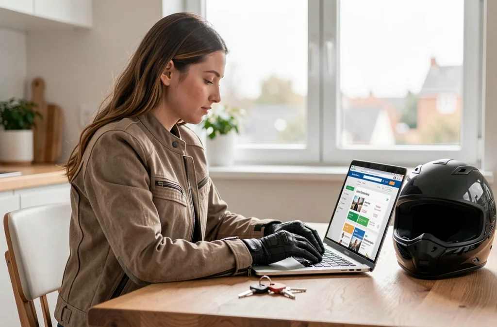 Jeune femme motarde comparant des offres d'assurance moto sur un ordinateur portable à la maison