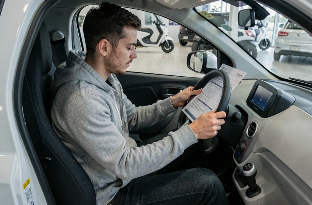 Jeune homme assis dans une voiture sans permis électrique chez un concessionnaire à Thionville, consultant les caractéristiques techniques