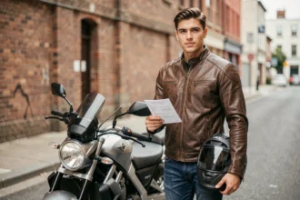 Jeune motard avec son casque sous le bras tenant un document d'assurance moto devant sa moto garée en ville