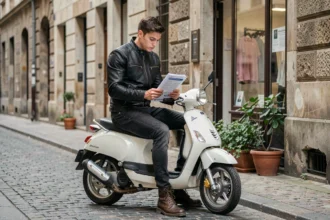 Jeune motard assis sur une moto 125 en ville consultant des documents d'assurance moto