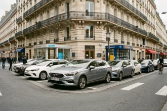 Vue d'ensemble d'une rue parisienne avec plusieurs voitures de location alignées devant des immeubles haussmanniens en Île-de-France